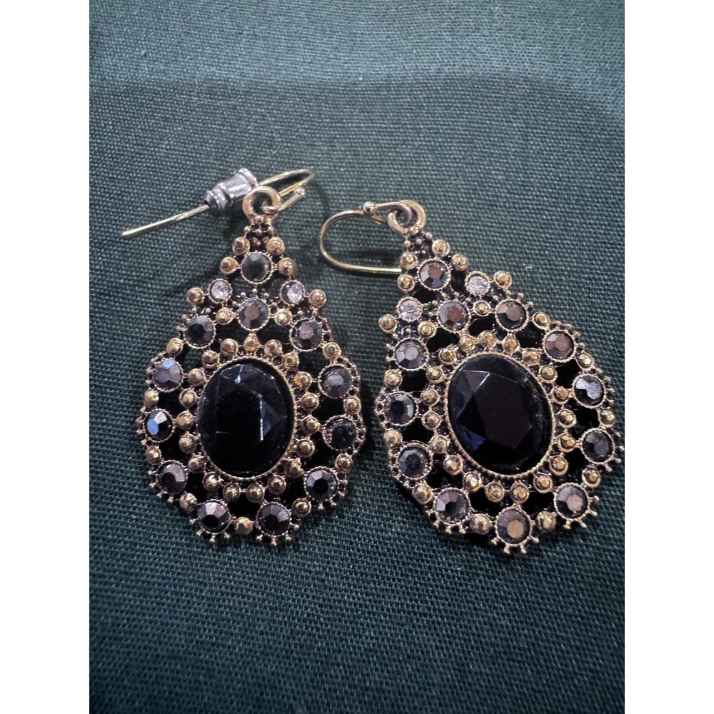 Vintage Style Black Onyx Tone Rhinestone Teardrop Dangle Earrings Gothic Gold